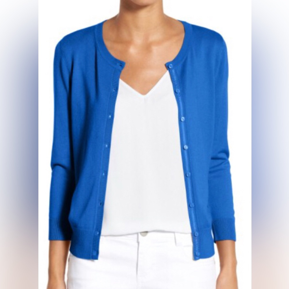 Halogen Three Quarter Sleeve Crewneck Cardigan in Royal Blue Size Large